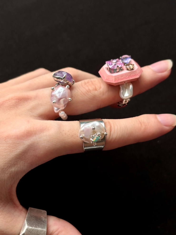 Pink Handcrafted Faceted Leather Zircon&Pearl Ring