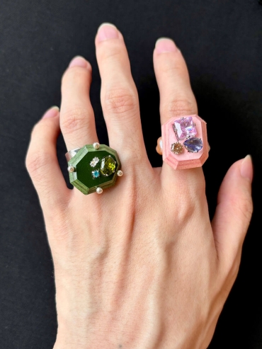 Green Handcrafted Faceted Leather Zircon Ring