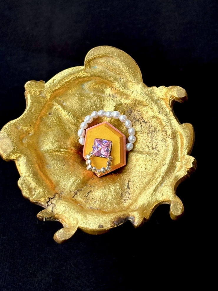 Yellow Handcrafted Faceted Leather Zircon & Pearl Ring