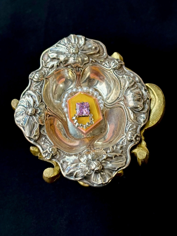 Yellow Handcrafted Faceted Leather Zircon & Pearl Ring