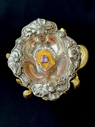 Yellow Handcrafted Faceted Leather Zircon & Pearl Ring