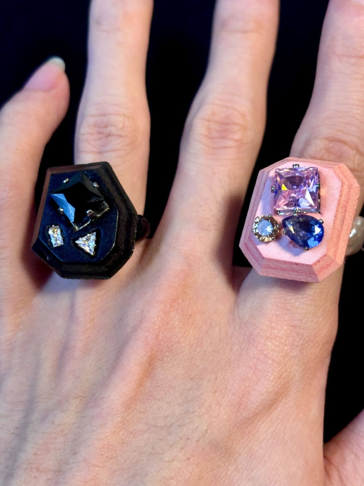 Black Handcrafted Faceted Leather Zircon & Black Crystal Ring