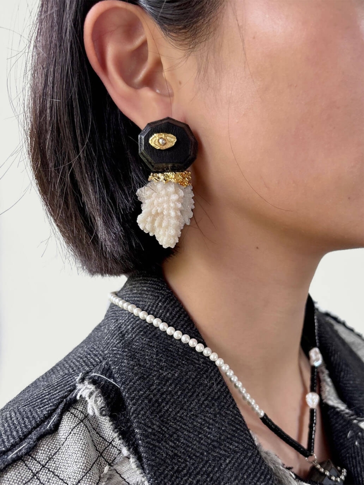 Black Handcrafted Faceted Leather Coral Earring-Single