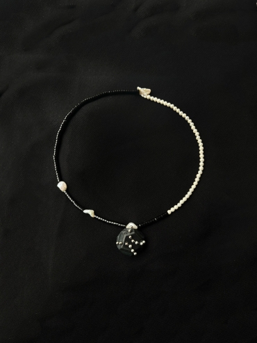 Black & White Faceted Leather Silver Bead Pearl Necklace
