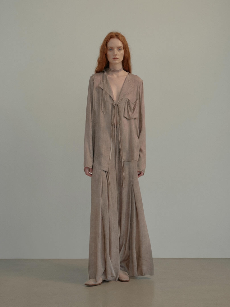 Light Grey Draped Tie Pleated Wide Pants