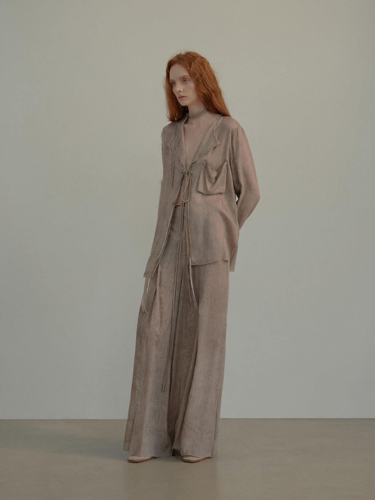 Light Grey Draped Tie Pleated Wide Pants