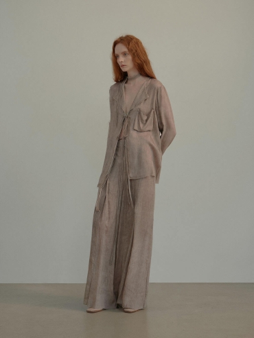 Light Grey Draped Tie Pleated Wide Pants