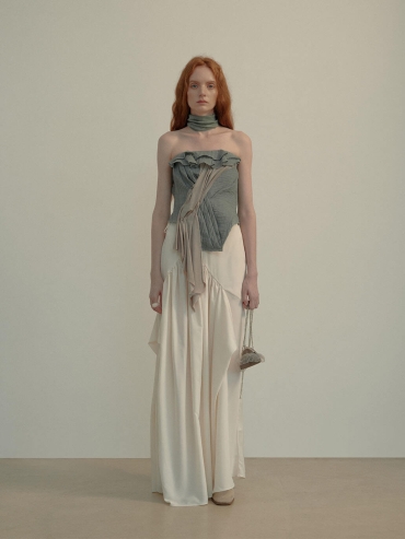 Slate Blue Frilled Overlay Strapless Top