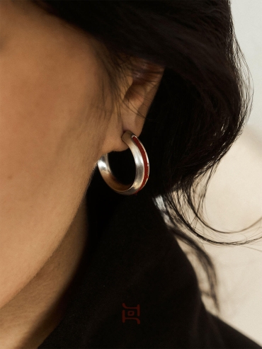 Silver Red Leather Line Inlaid Earrings