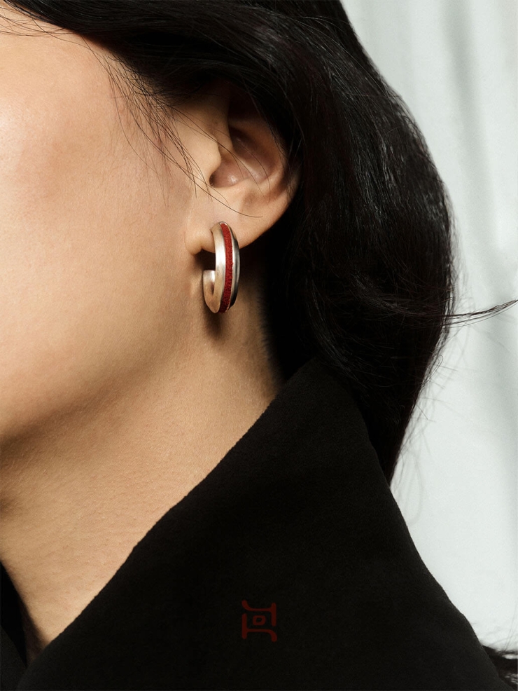 Silver Red Leather Line Inlaid Earrings