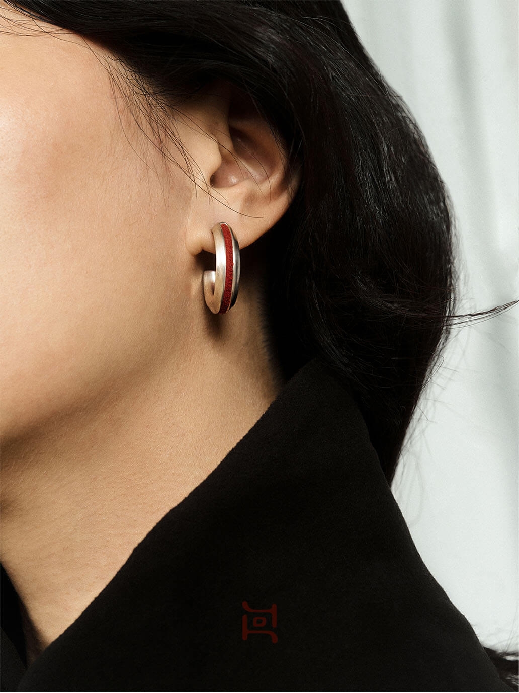 Silver Red Leather Line Inlaid Earrings