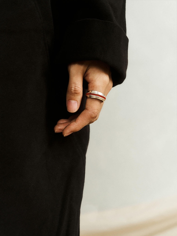 Silver Red Leather Line Inlaid Ring