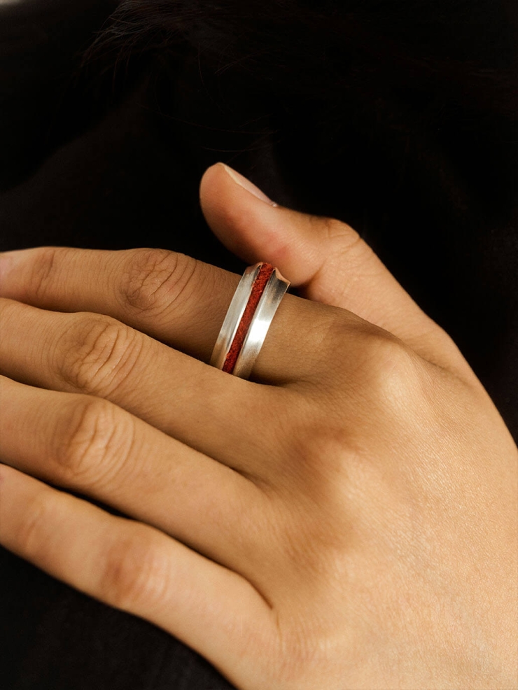 Silver Red Leather Line Inlaid Ring