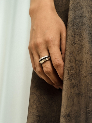 Silver Dark Brown Leather Line Inlaid Ring