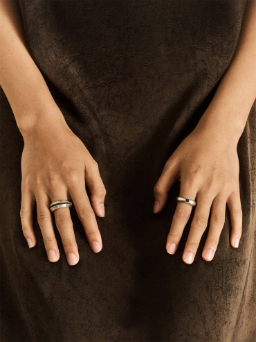 Silver Dark Brown Leather Line Inlaid Ring