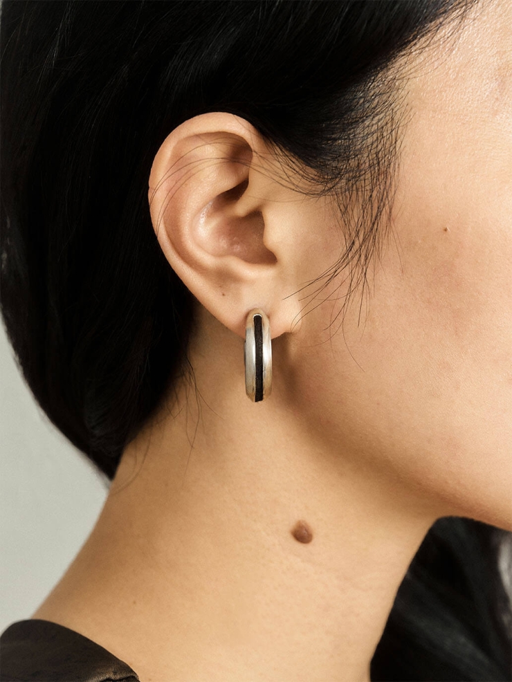 Silver Dark Brown Leather Line Inlaid Earrings