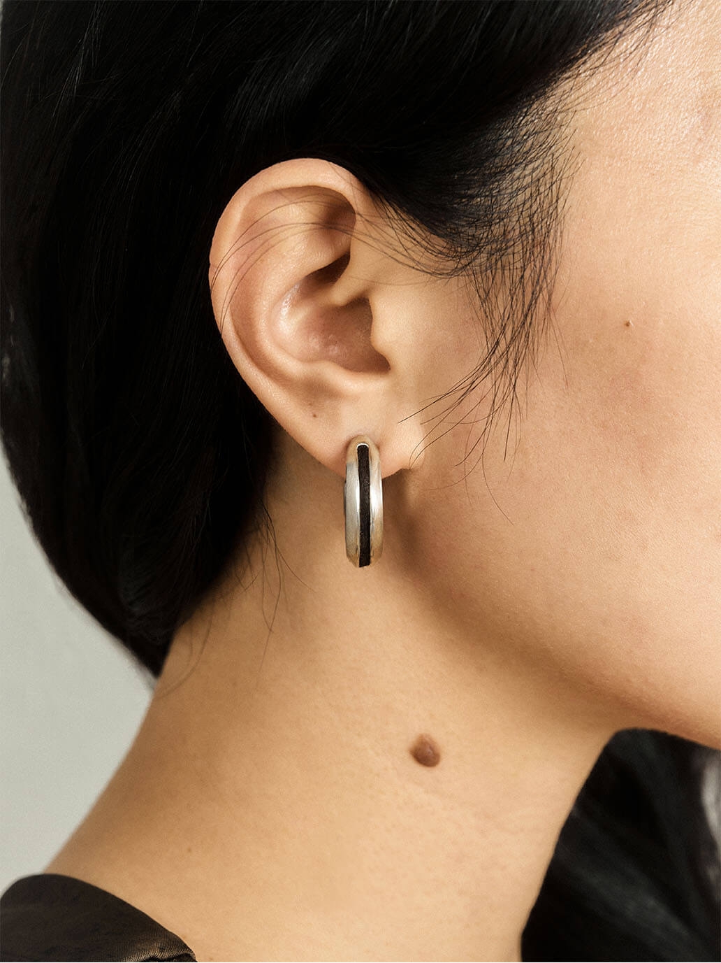 Silver Dark Brown Leather Line Inlaid Earrings