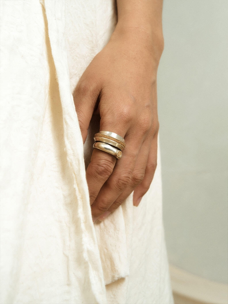 Silver Light Brown Leather Line Inlaid Ring
