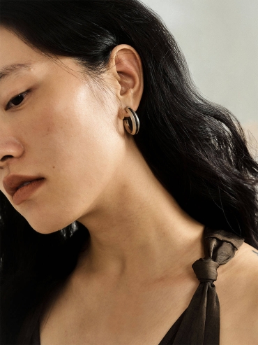 Silver Dark Brown Leather Line Inlaid Earrings