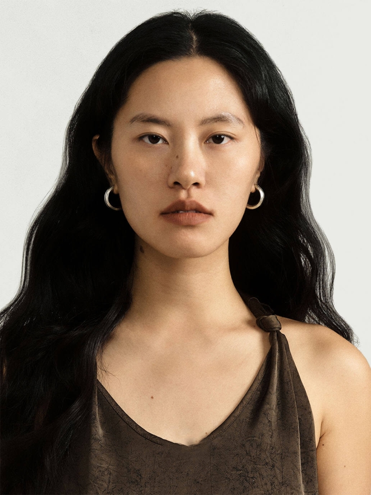 Silver Dark Brown Leather Line Inlaid Earrings