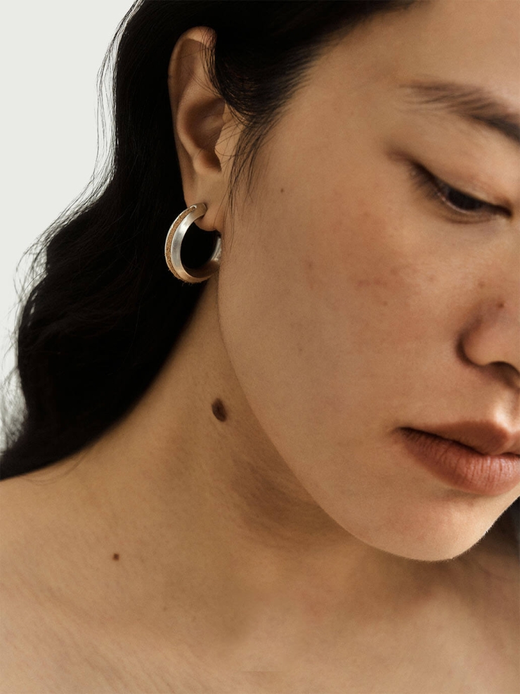 Silver Light Brown Leather Line Inlaid Earrings