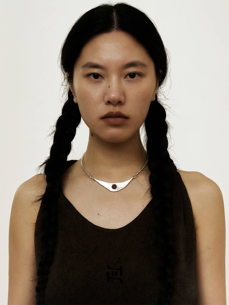 Silver Orbit Curve Necklace with Meteorite