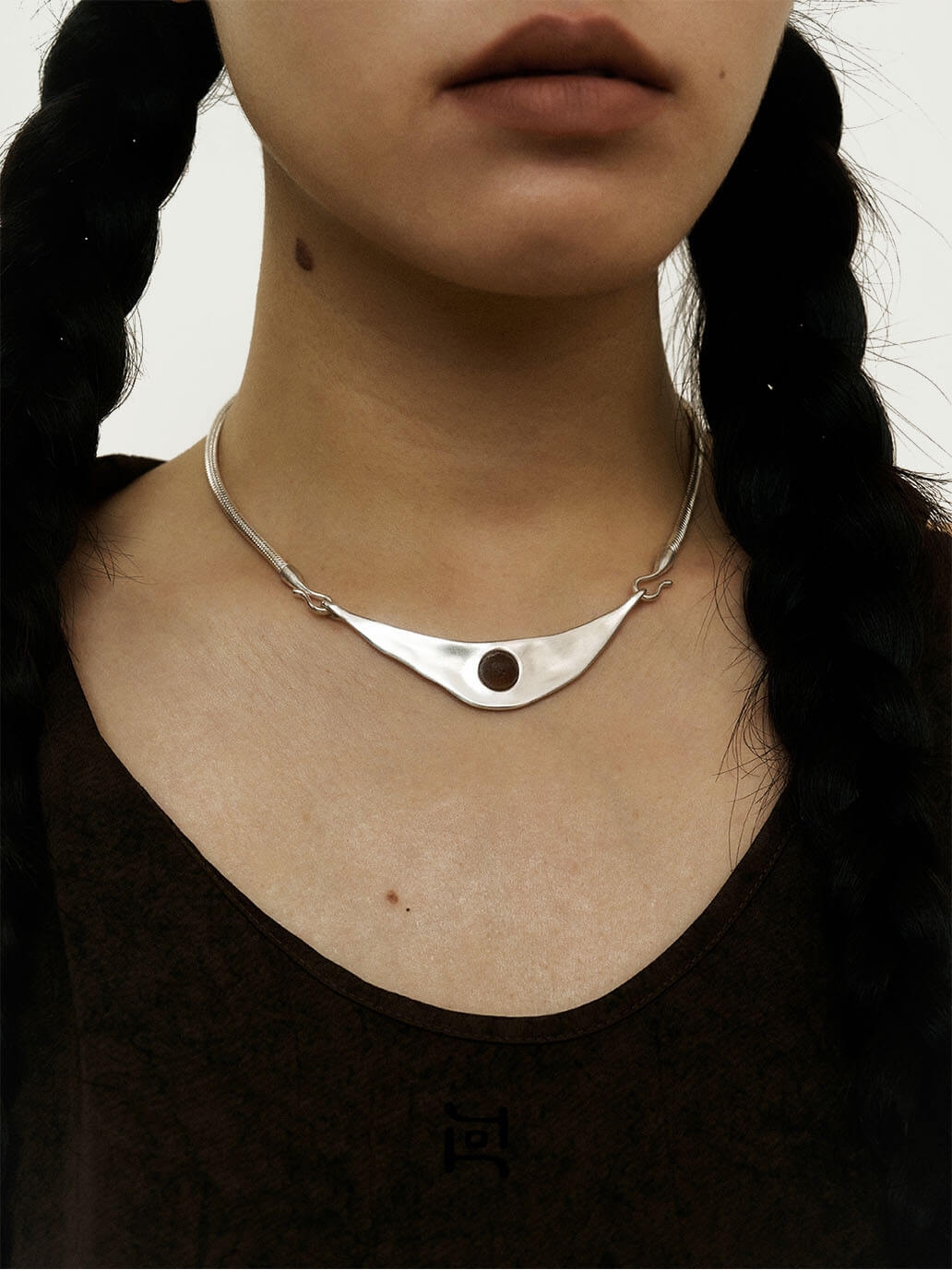 Silver Orbit Curve Necklace with Meteorite