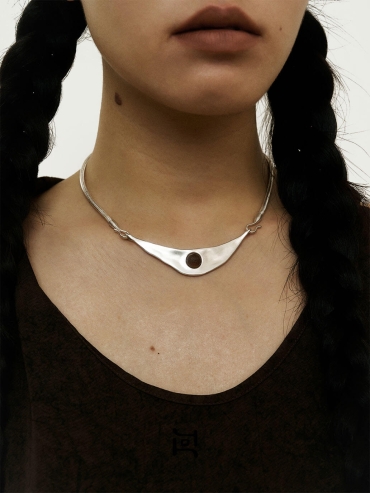 Silver Orbit Curve Necklace with Meteorite