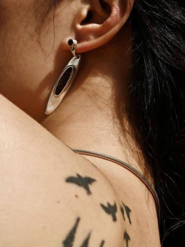 Silver Calf Leather Inlaid Pendant Earring- Single