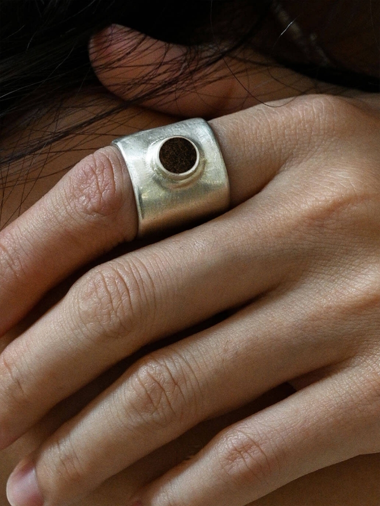 Silver Calf Leather Inlaid Wide Ring