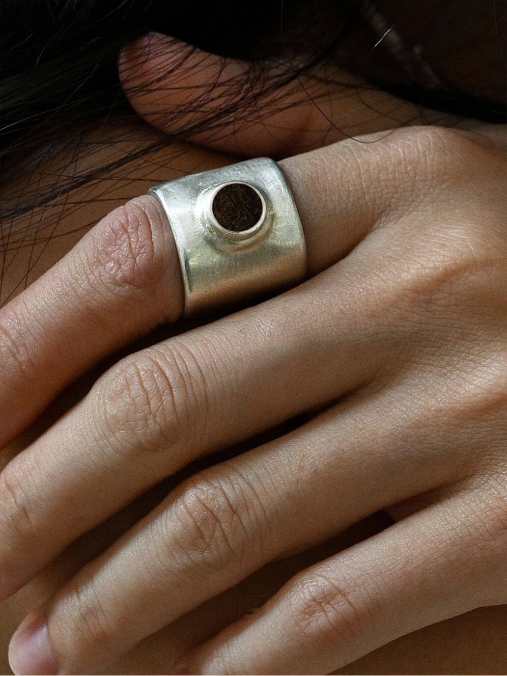 Silver Calf Leather Inlaid Wide Ring