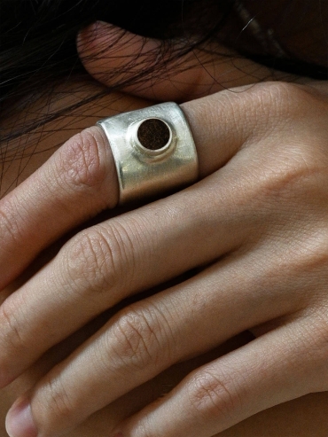 Silver Calf Leather Inlaid Wide Ring