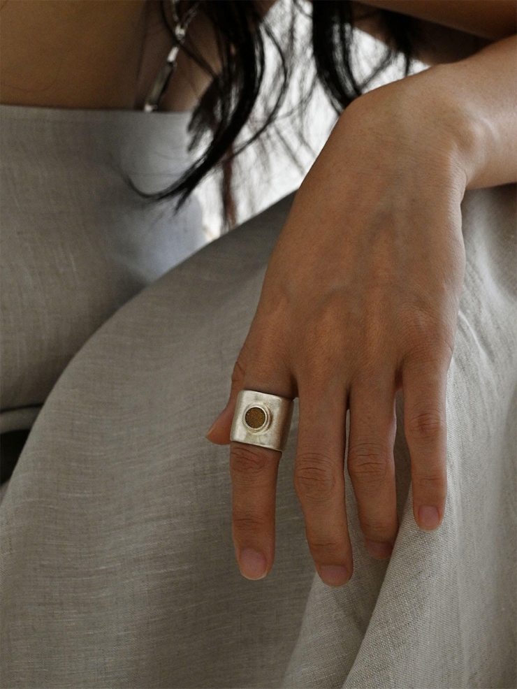 Silver Camel Leather Inlaid Wide Ring