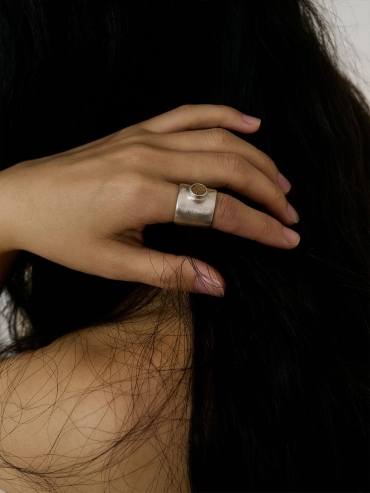 Silver Camel Leather Inlaid Wide Ring