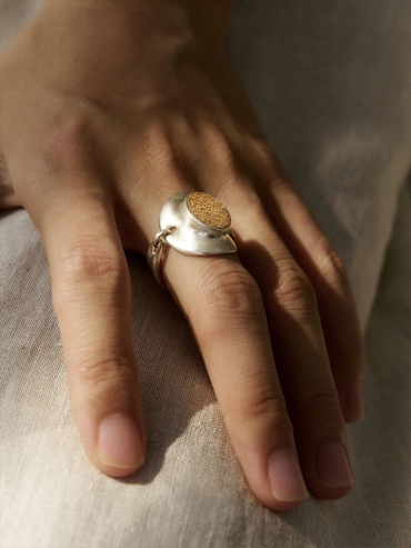 Silver Camel Leather Inlaid Oval Ring