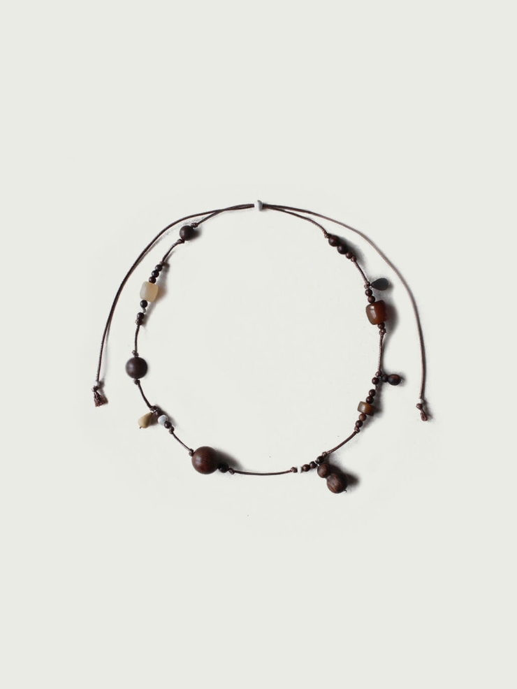 Abundant Year,Zebra Wood Boxwood and Horn Beaded  Sterling Silver  Short  Necklace