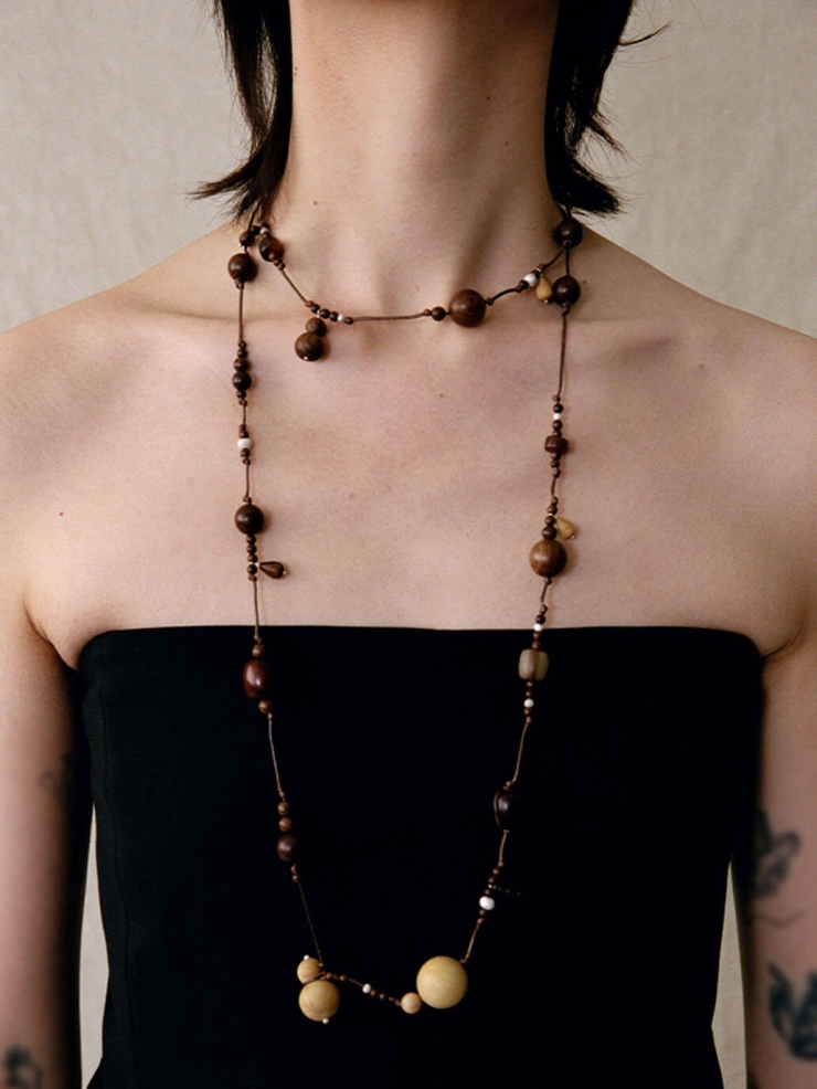 Abundant Year,Zebra Wood Boxwood and Horn Beaded  Sterling Silver  Short  Necklace