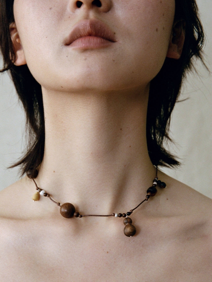 Abundant Year,Zebra Wood Boxwood and Horn Beaded  Sterling Silver  Short  Necklace