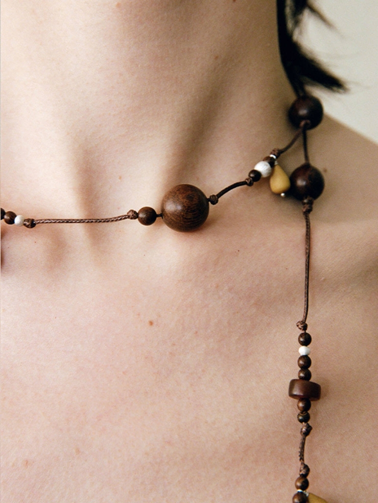 Abundant Year,Zebra Wood Boxwood and Horn Beaded  Sterling Silver  Short  Necklace