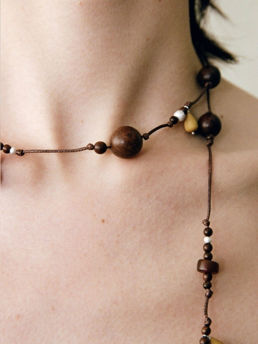 Abundant Year,Zebra Wood Boxwood and Horn Beaded  Sterling Silver  Short  Necklace