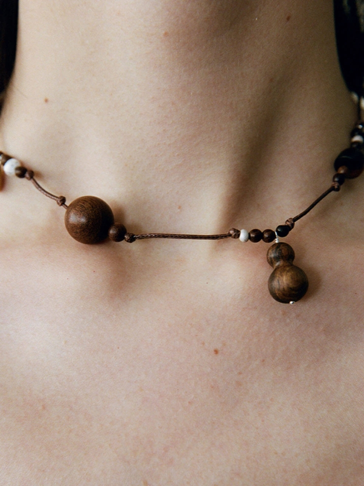 Abundant Year,Zebra Wood Boxwood and Horn Beaded  Sterling Silver  Short  Necklace