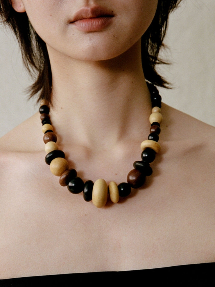 Blessed Fruit, Ebony Boxwood and Zebra Wood Carved Beaded Necklace
