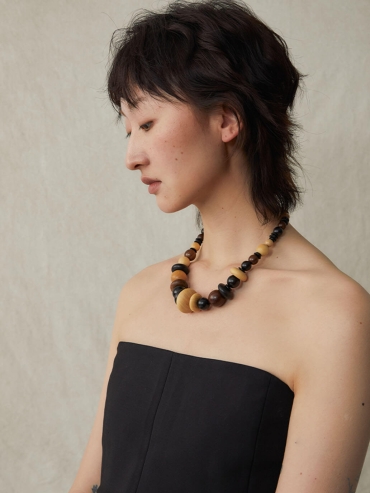 Blessed Fruit, Ebony Boxwood and Zebra Wood Carved Beaded Necklace