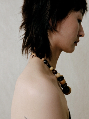 Blessed Fruit, Ebony Boxwood and Zebra Wood Carved Beaded Necklace