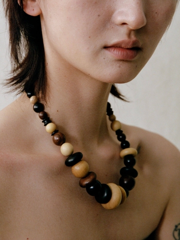 Blessed Fruit, Ebony Boxwood and Zebra Wood Carved Beaded Necklace
