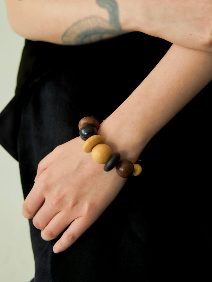 Blessed Fruit, Ebony Boxwood Zebra Wood Carved Beaded Bracelet