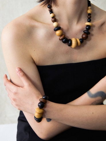 Blessed Fruit, Ebony Boxwood Zebra Wood Carved Beaded Bracelet