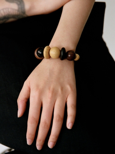 Blessed Fruit, Ebony Boxwood Zebra Wood Carved Beaded Bracelet