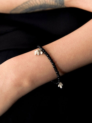 Gourd Seeds, Ebony and  Sterling  Silver Beaded  Bracelet