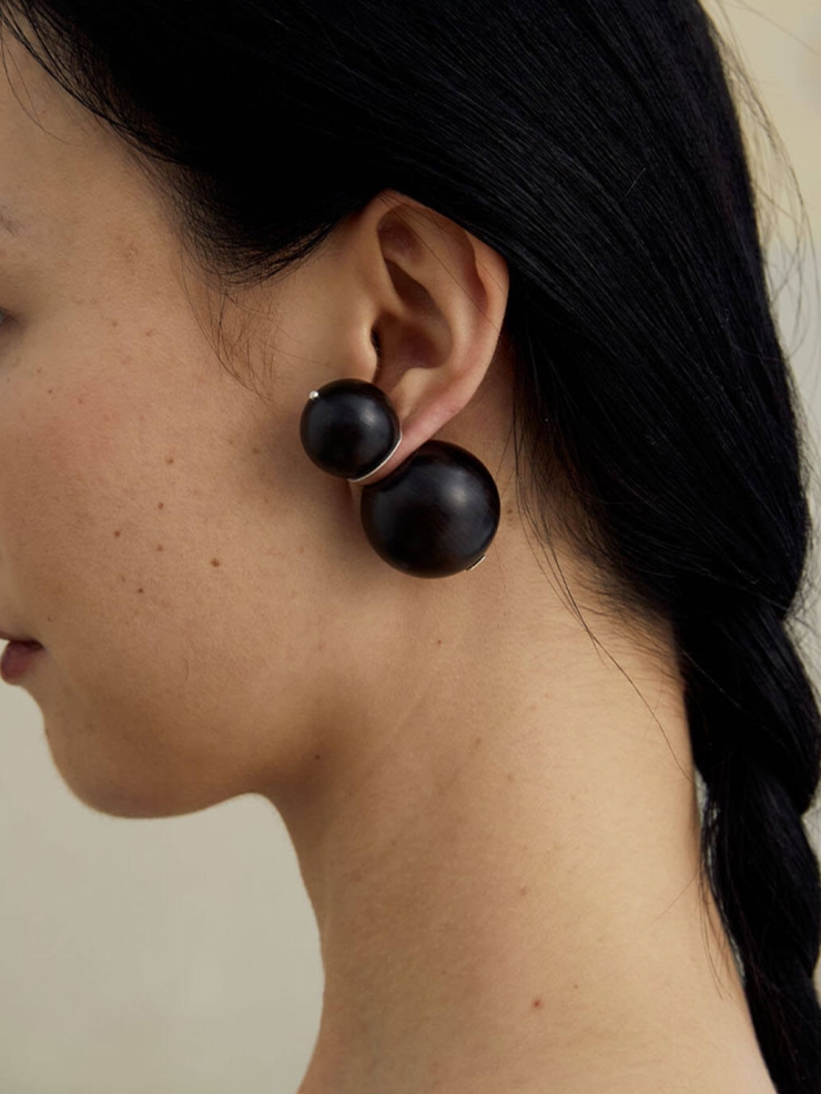 Compounded Large  Orb  Earrings in  Ebony  Wood